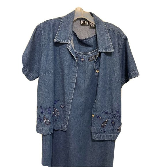 PTNY Blue 2 Piece Denim Jumper Dress Jacket Floral Applique SLEEVELESS LARGE - Picture 2 of 10